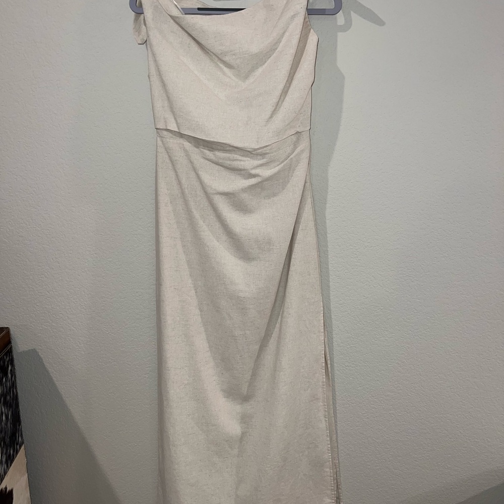 Showpo Cream Asymmetrical Ruched Gown - Picture 4 of 6